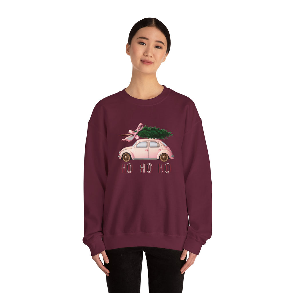 Christmas Tree Car Sweatshirt – Pink Beetle with 'Ho Ho Ho' Holiday Crewneck