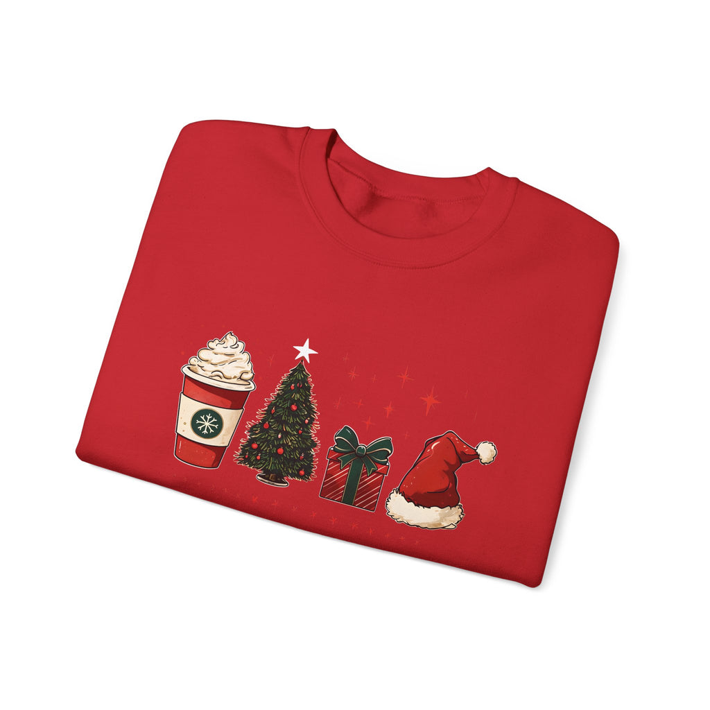 Christmas Icons Crewneck Sweatshirt — Holiday Coffee, Tree & Santa Hat Design