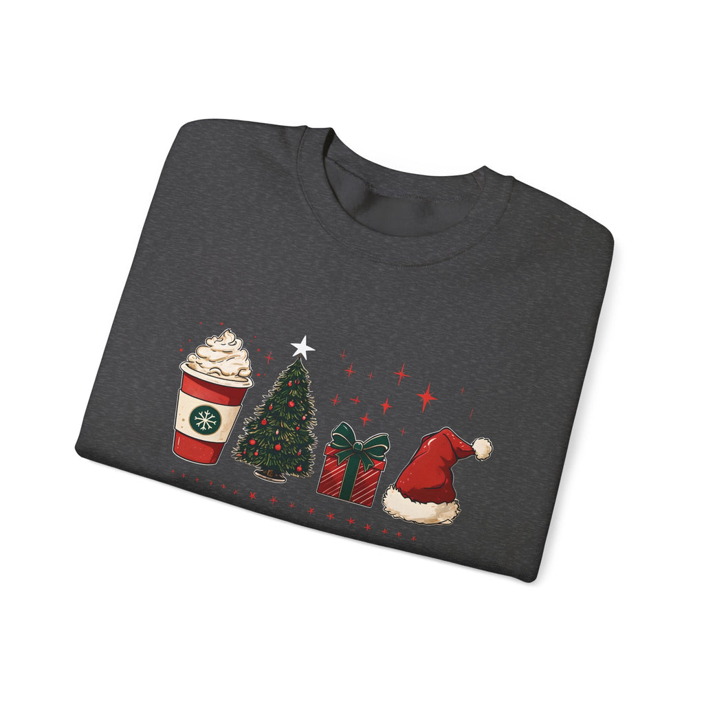 Christmas Icons Crewneck Sweatshirt — Holiday Coffee, Tree & Santa Hat Design