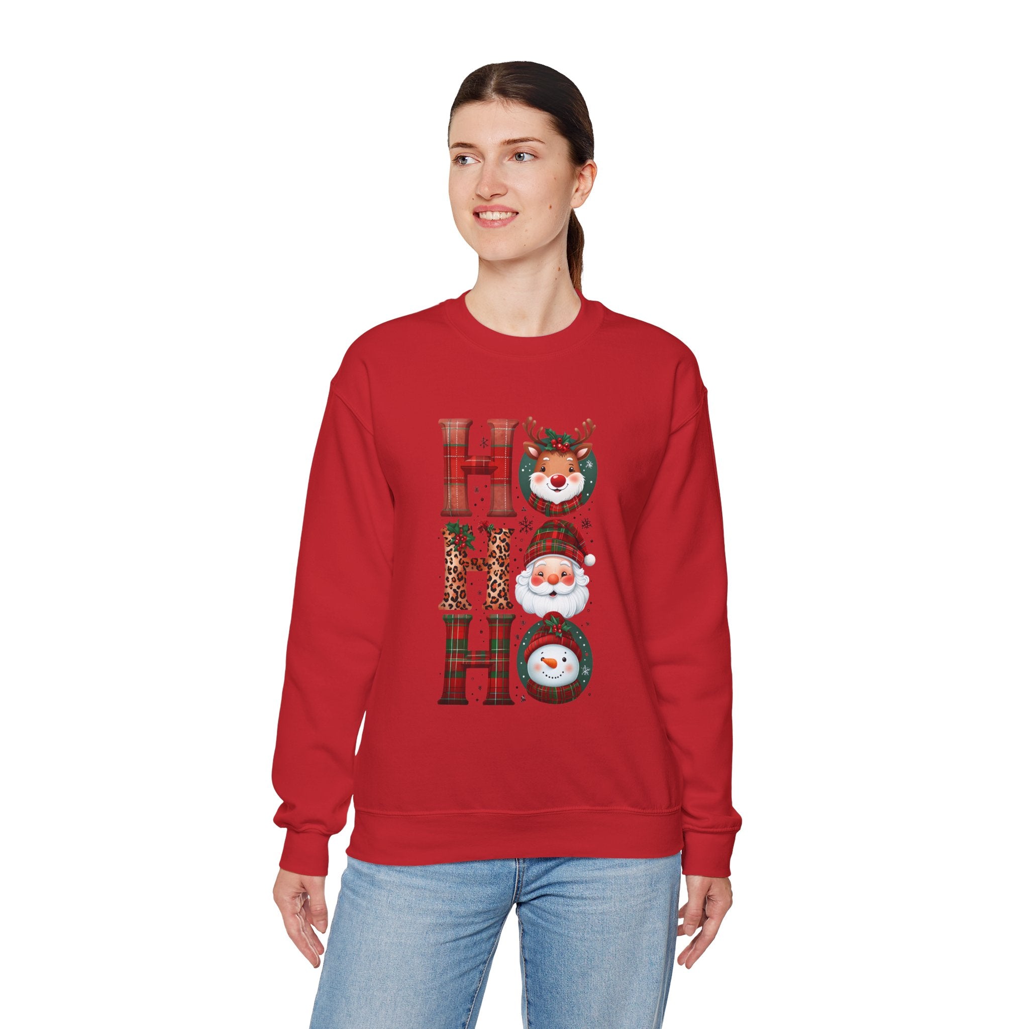 Christmas 'HO HO HO' Crewneck Sweatshirt — Santa, Reindeer & Snowman Holiday Sweatshirt