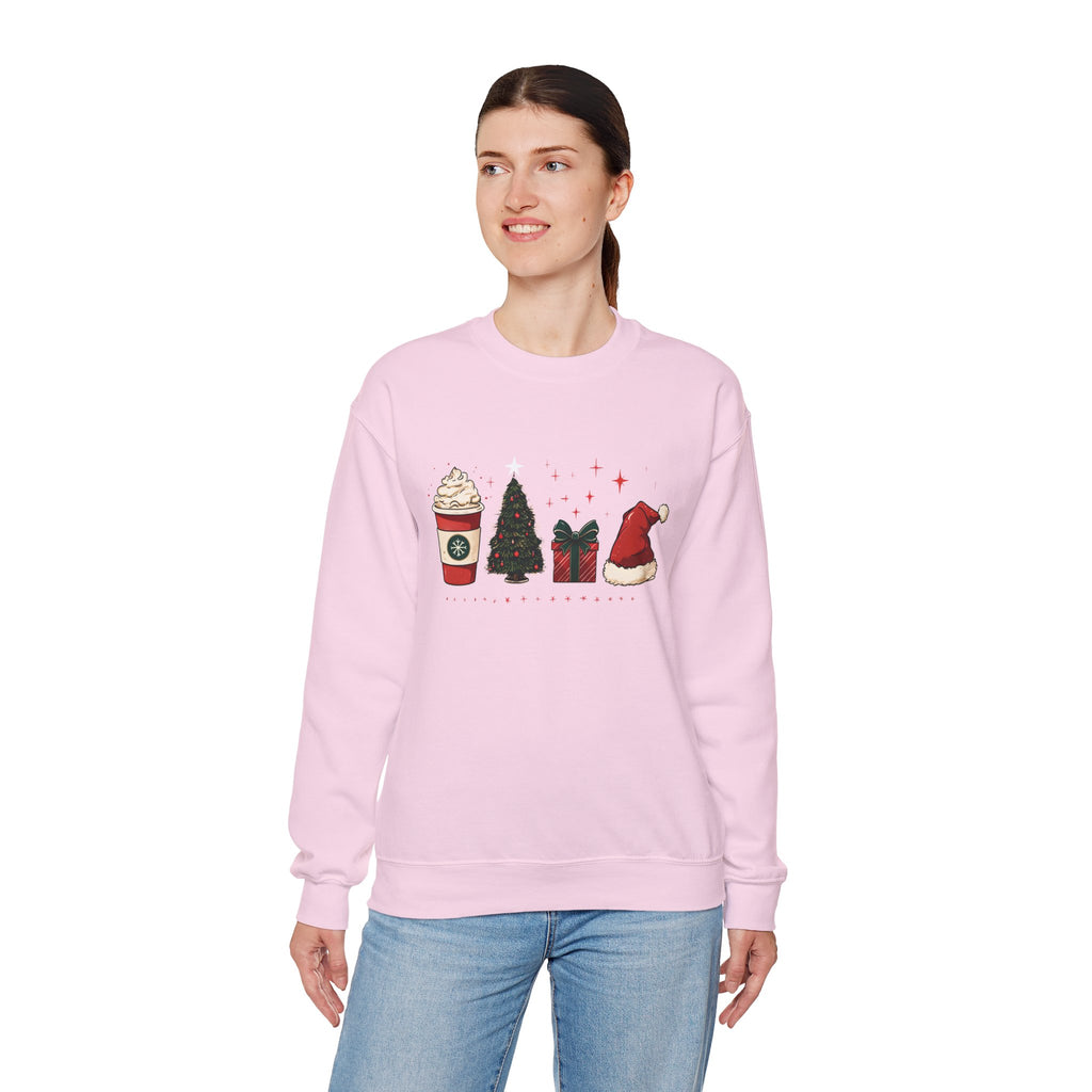 Christmas Icons Crewneck Sweatshirt — Holiday Coffee, Tree & Santa Hat Design