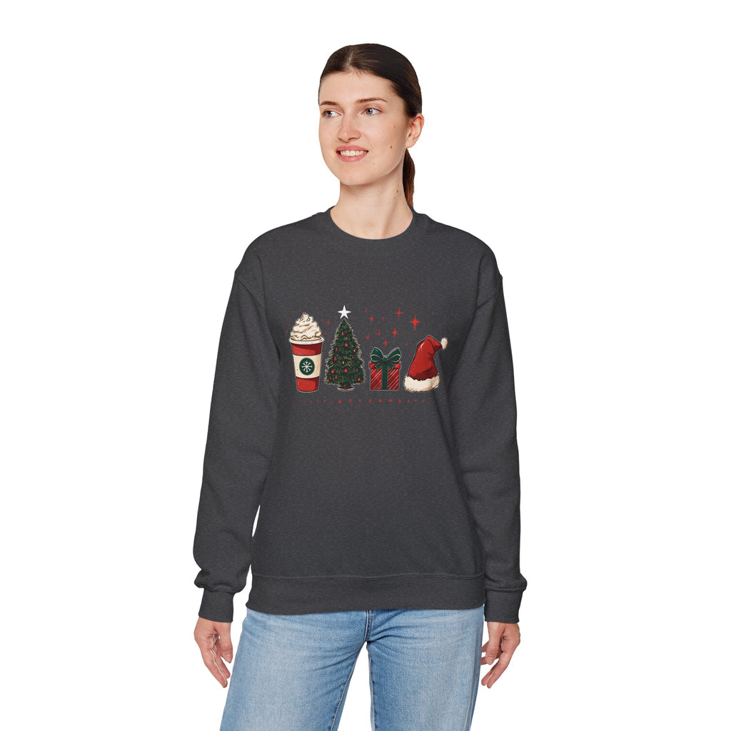 Christmas Icons Crewneck Sweatshirt — Holiday Coffee, Tree & Santa Hat Design