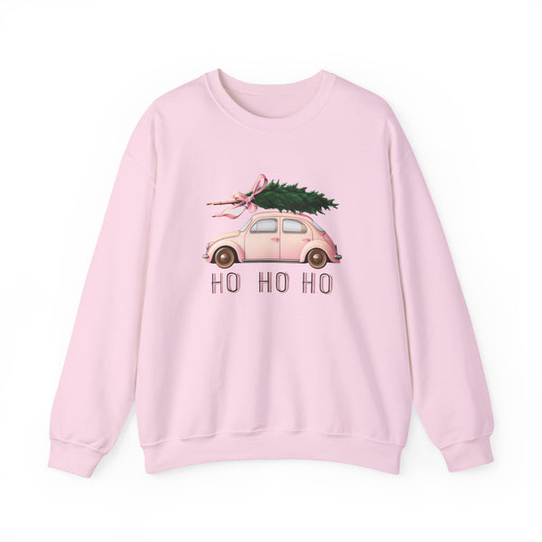 Christmas Tree Car Sweatshirt – Pink Beetle with 'Ho Ho Ho' Holiday Crewneck