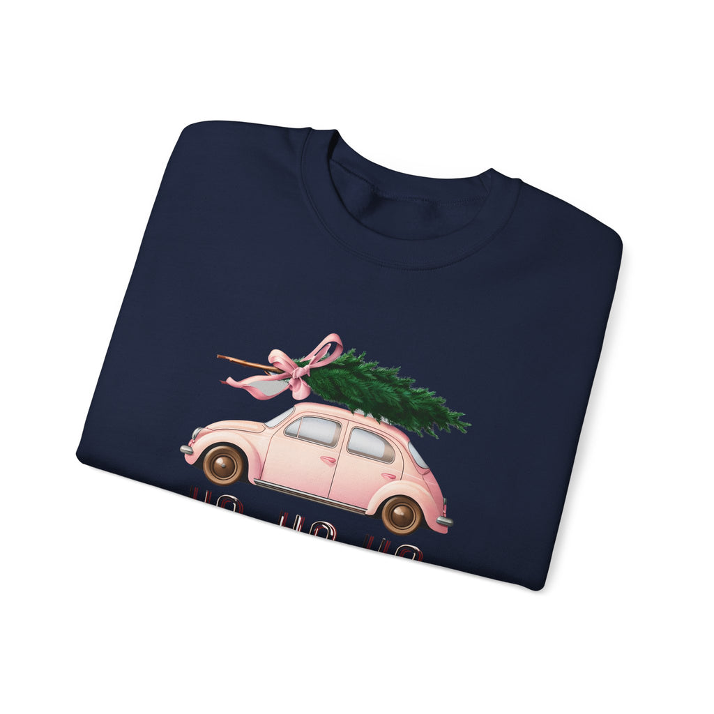 Christmas Tree Car Sweatshirt – Pink Beetle with 'Ho Ho Ho' Holiday Crewneck