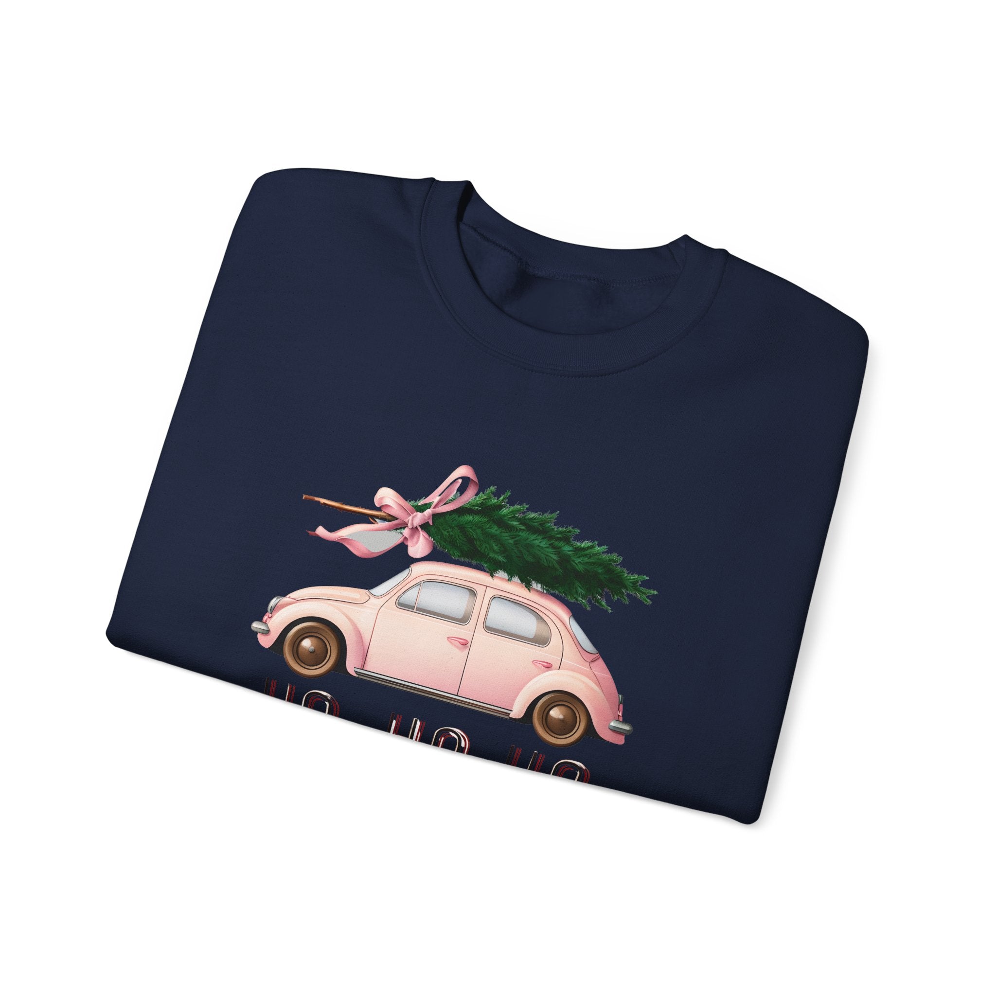 Christmas Tree Car Sweatshirt – Pink Beetle with 'Ho Ho Ho' Holiday Crewneck
