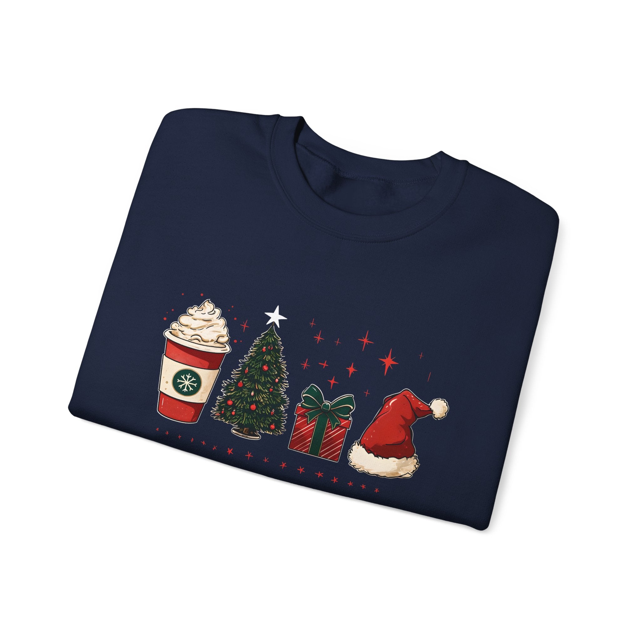 Christmas Icons Crewneck Sweatshirt — Holiday Coffee, Tree & Santa Hat Design