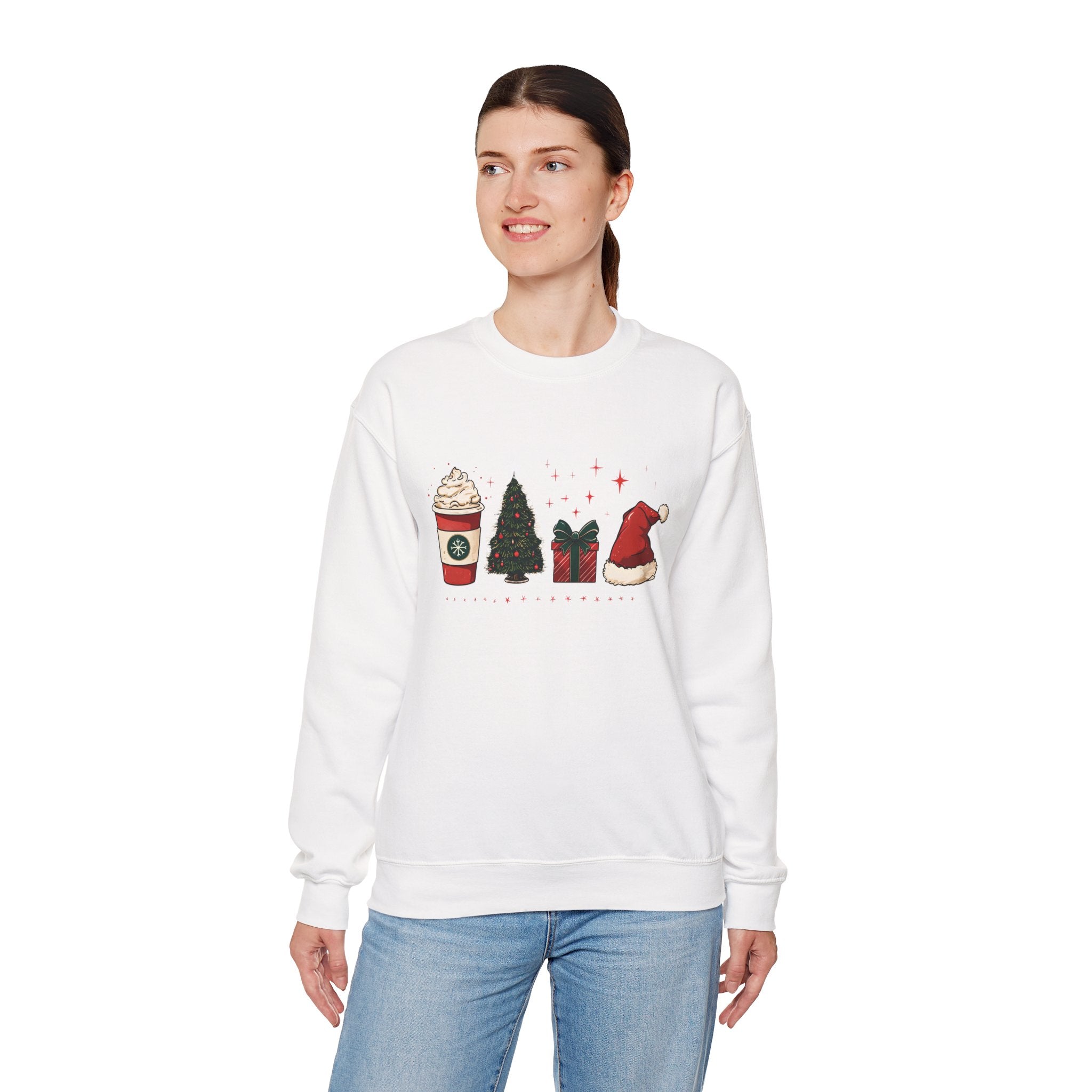 Christmas Icons Crewneck Sweatshirt — Holiday Coffee, Tree & Santa Hat Design