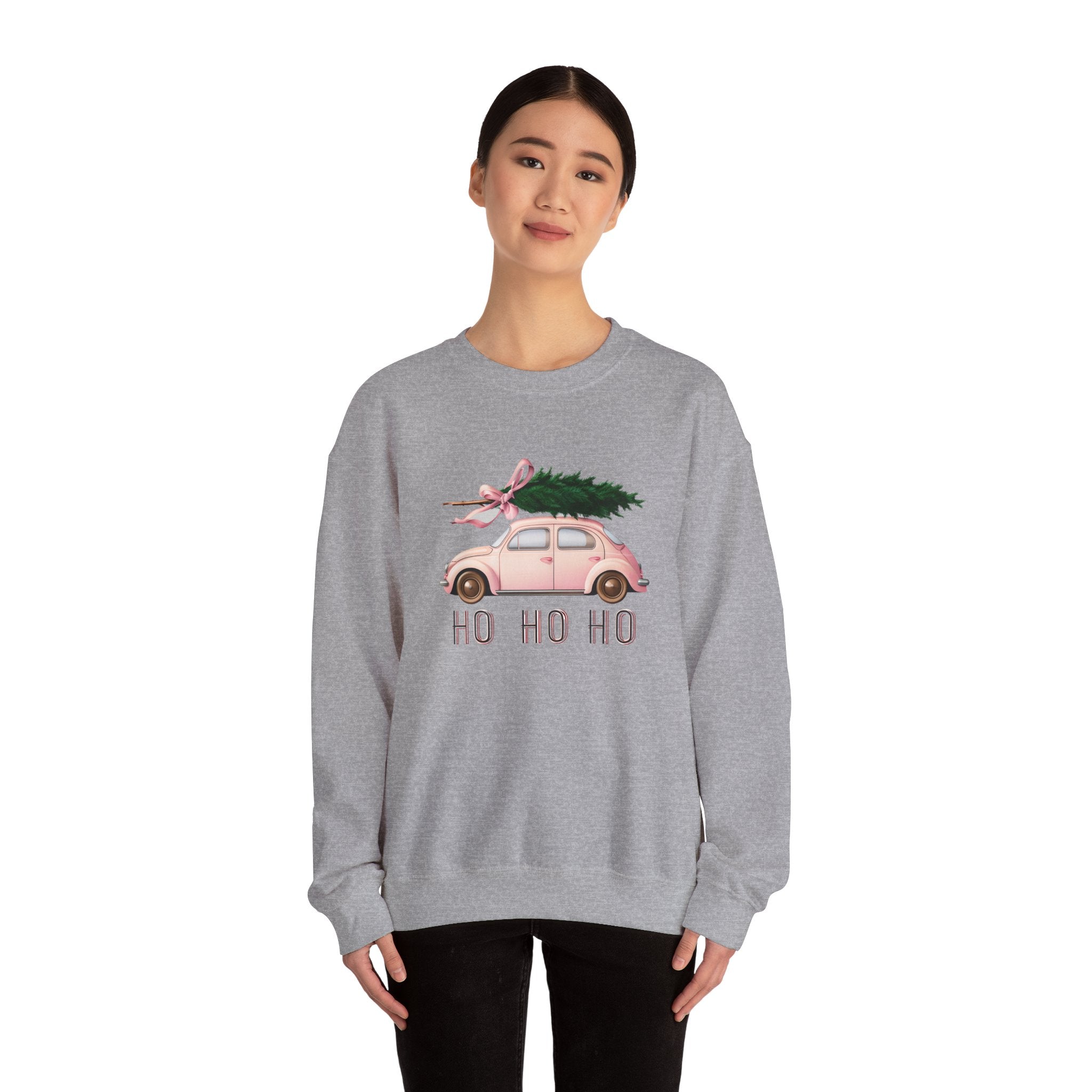 Christmas Tree Car Sweatshirt – Pink Beetle with 'Ho Ho Ho' Holiday Crewneck