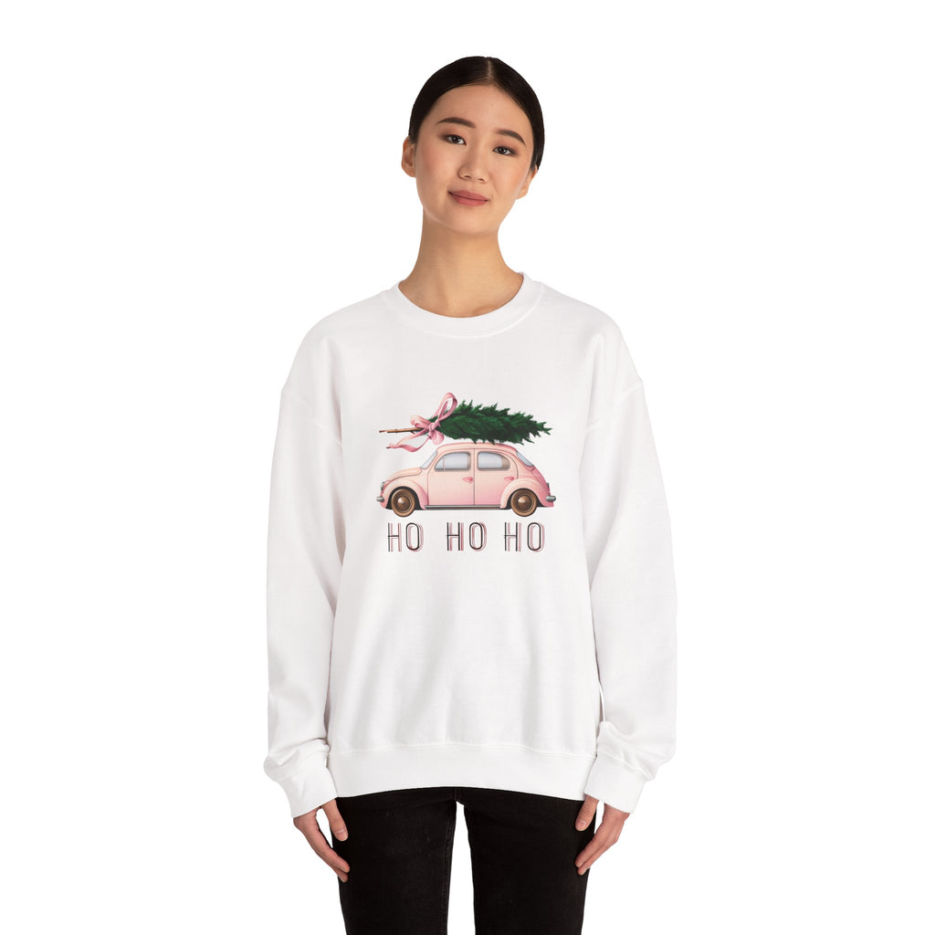 Christmas Tree Car Sweatshirt – Pink Beetle with 'Ho Ho Ho' Holiday Crewneck