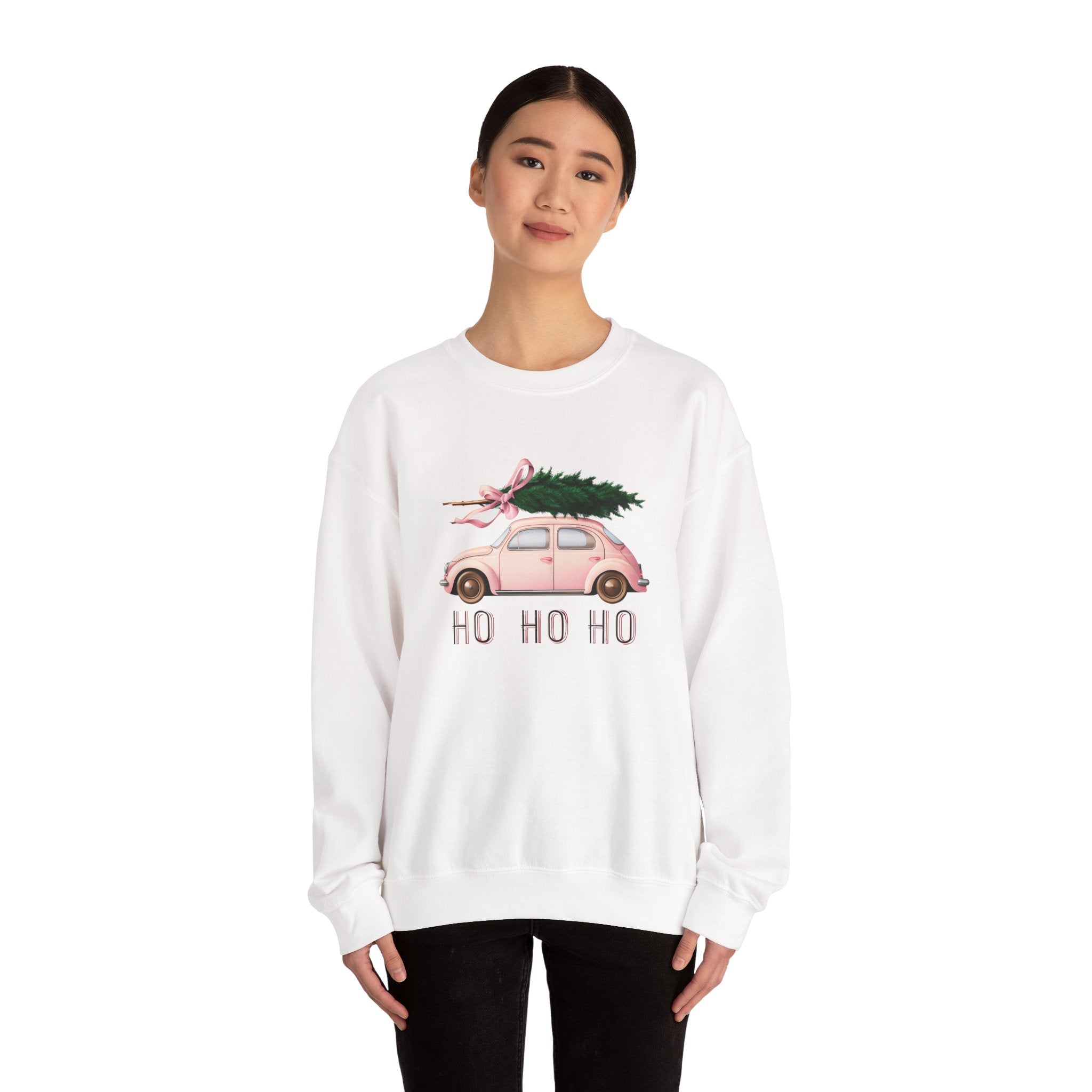 Christmas Tree Car Sweatshirt – Pink Beetle with 'Ho Ho Ho' Holiday Crewneck