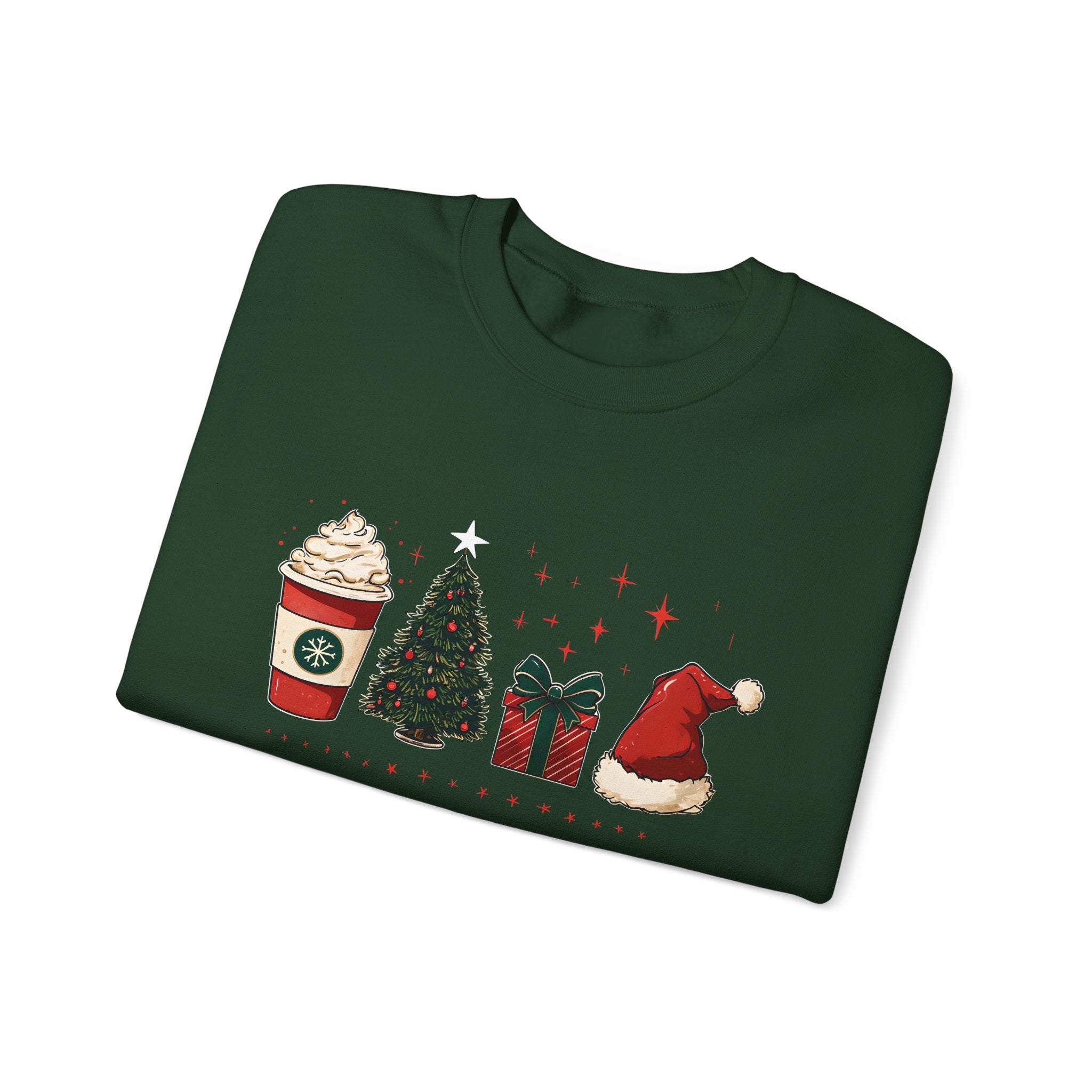Christmas Icons Crewneck Sweatshirt — Holiday Coffee, Tree & Santa Hat Design