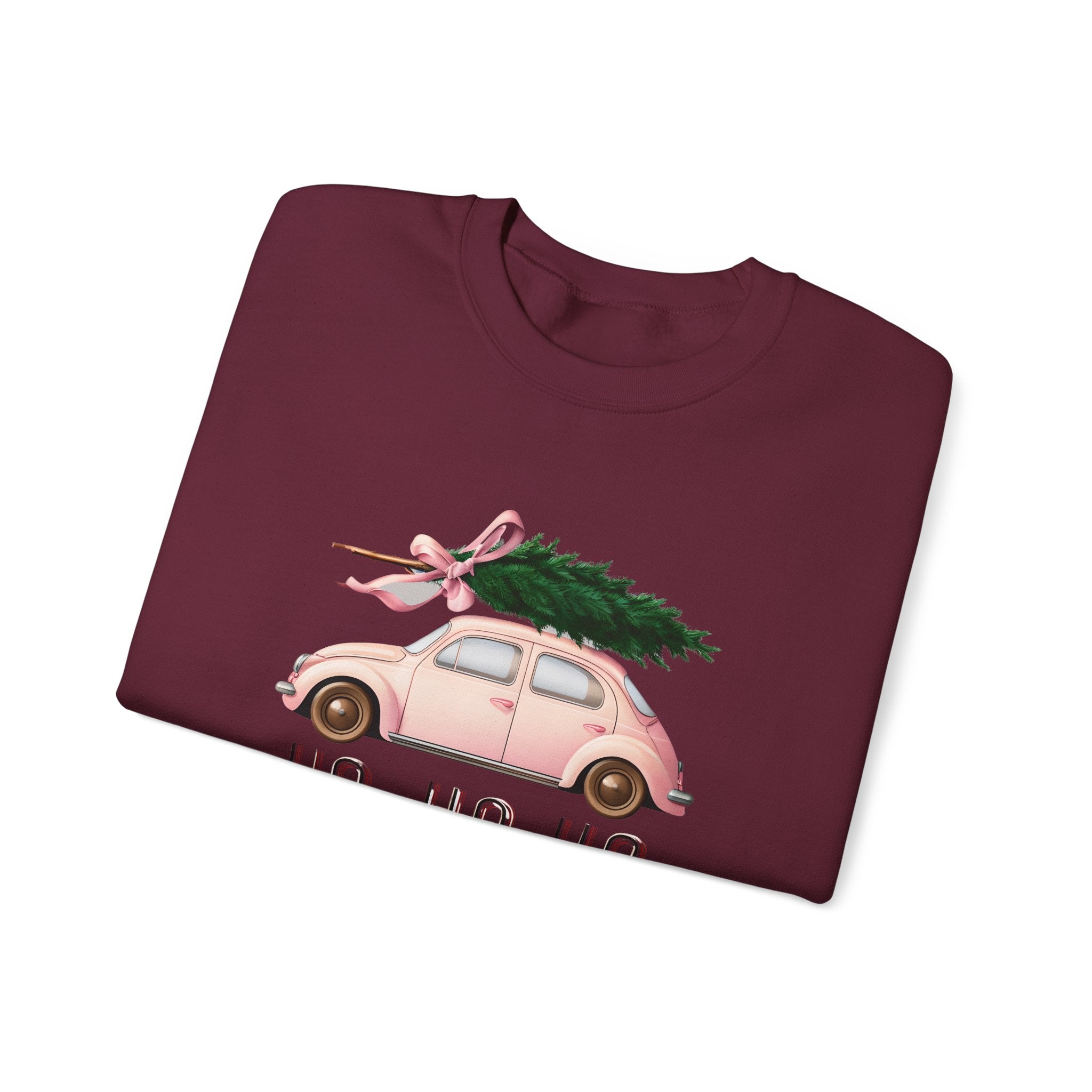 Christmas Tree Car Sweatshirt – Pink Beetle with 'Ho Ho Ho' Holiday Crewneck