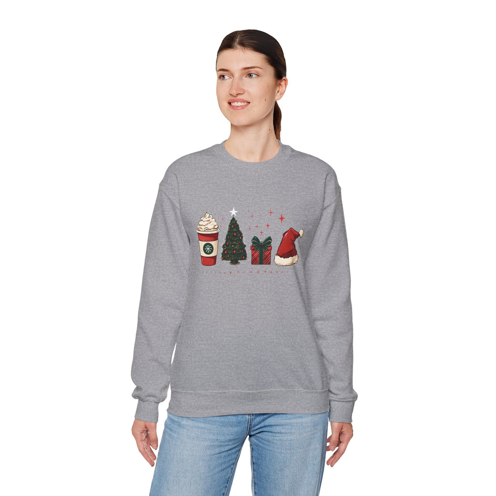 Christmas Icons Crewneck Sweatshirt — Holiday Coffee, Tree & Santa Hat Design