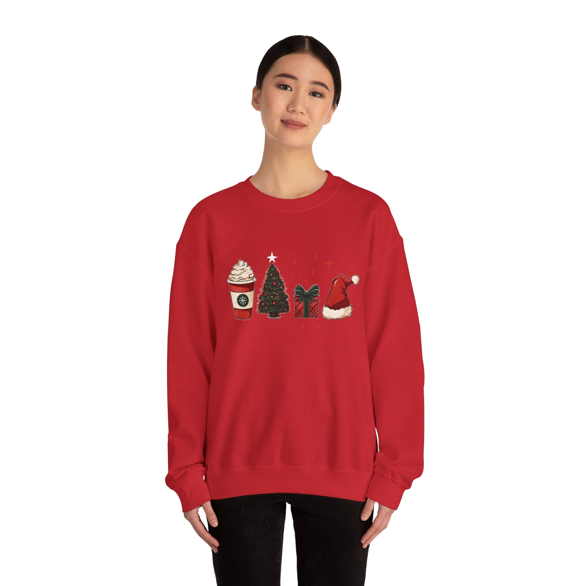 Christmas Icons Crewneck Sweatshirt — Holiday Coffee, Tree & Santa Hat Design