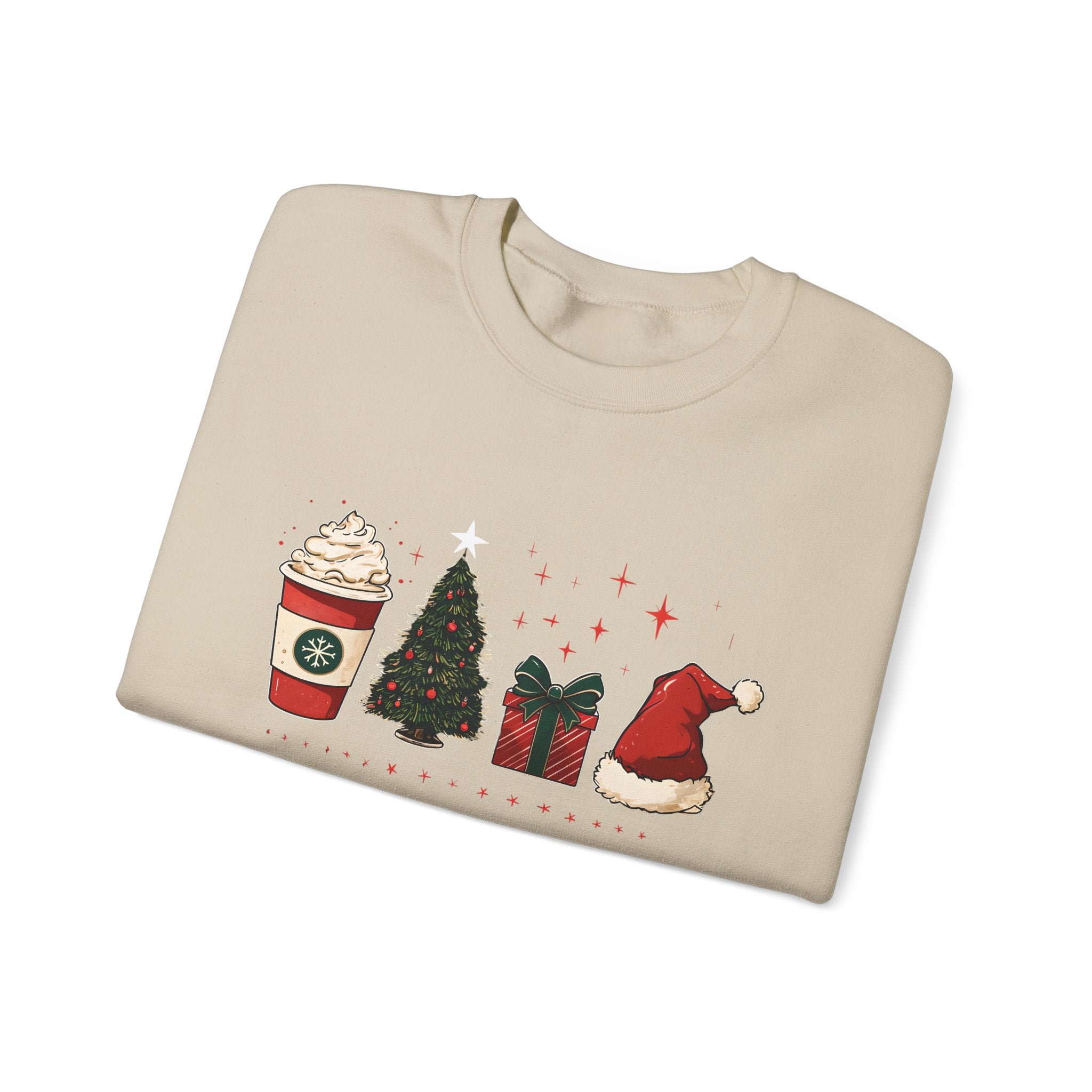 Christmas Icons Crewneck Sweatshirt — Holiday Coffee, Tree & Santa Hat Design