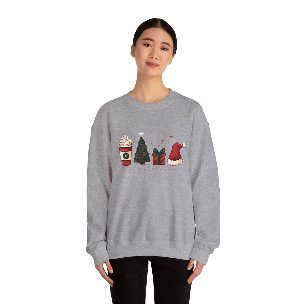Christmas Icons Crewneck Sweatshirt — Holiday Coffee, Tree & Santa Hat Design