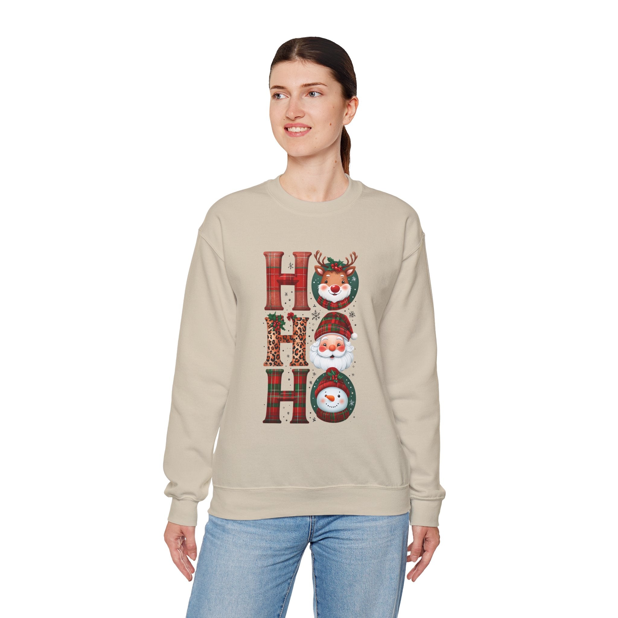 Christmas 'HO HO HO' Crewneck Sweatshirt — Santa, Reindeer & Snowman Holiday Sweatshirt